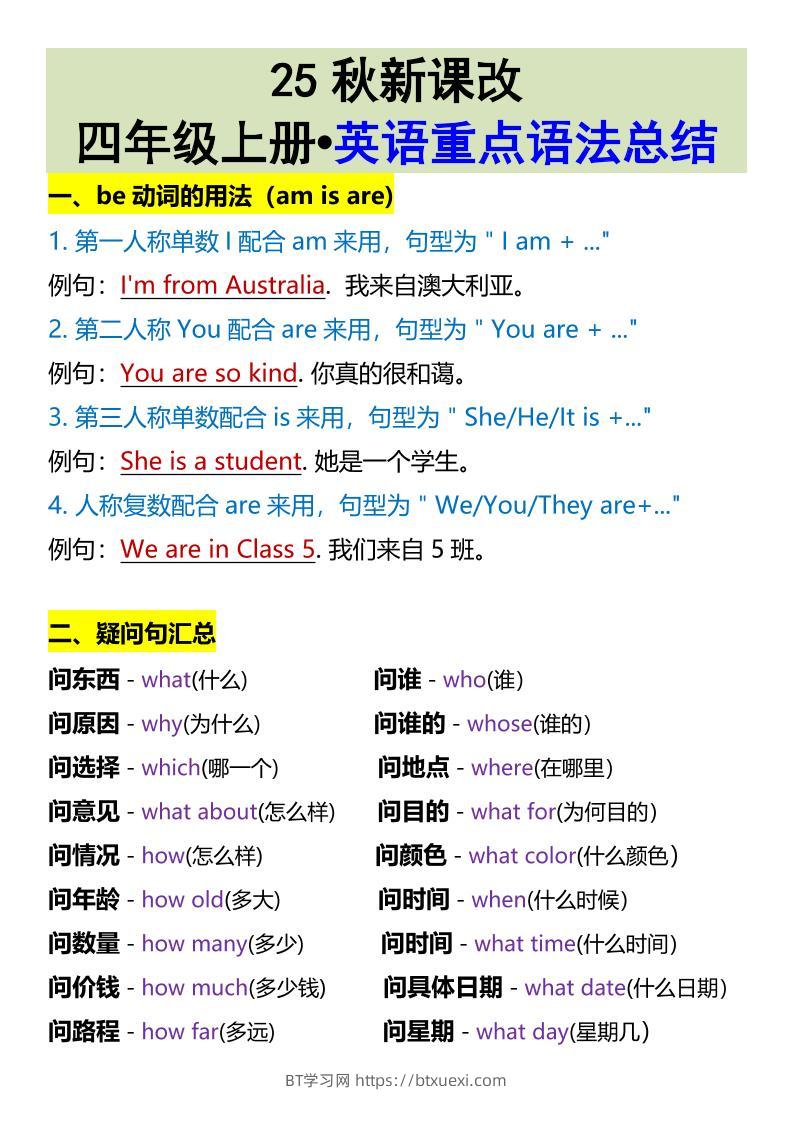 【2025秋新版】四年级上册•英语重点语法总结-BT学习网