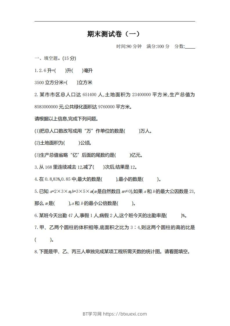 六下北师大数学期末测试卷-2-BT学习网