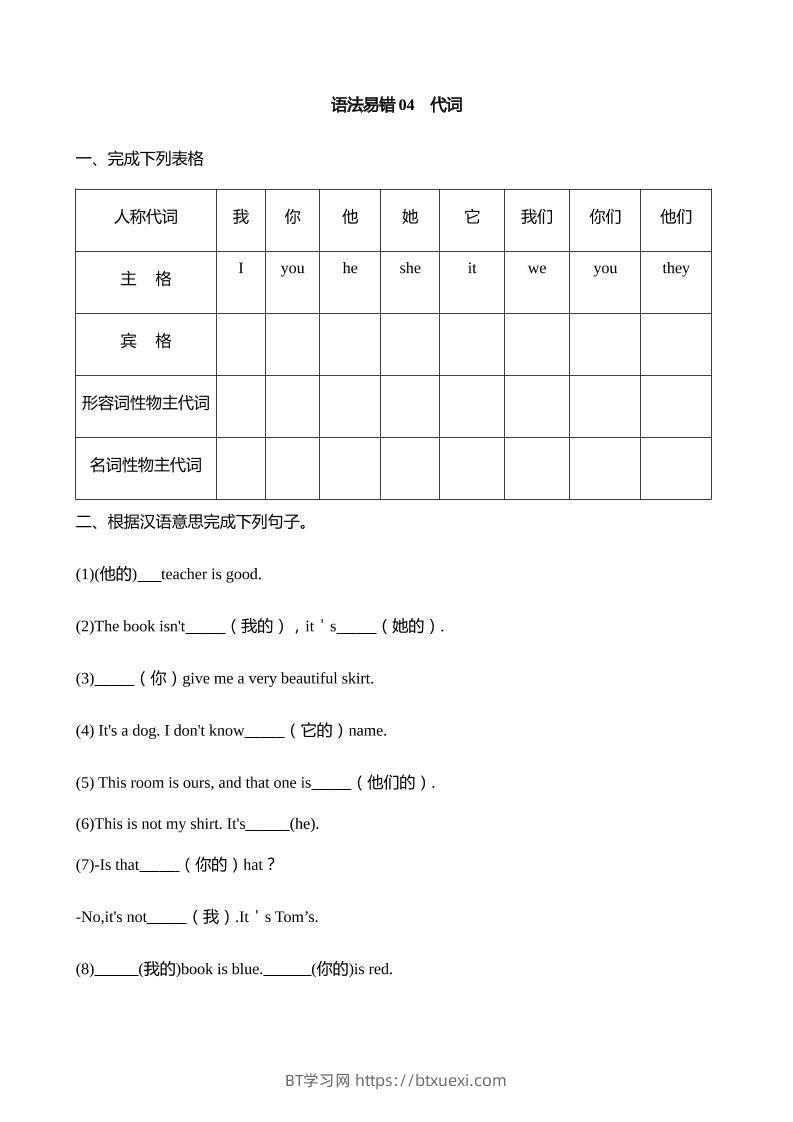 语法易错04代词【2025小升初英语语法易错专练】-BT学习网