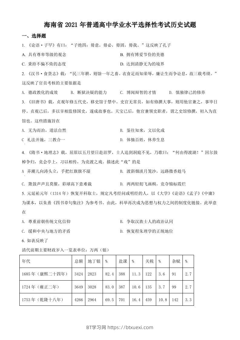 2021年高考历史试卷（海南）（空白卷）-BT学习网