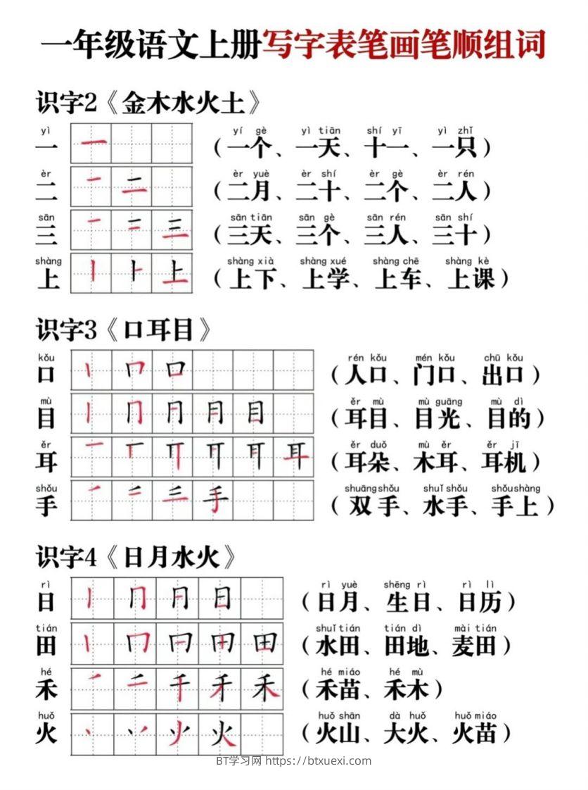 一年级语文上册写字表笔画笔顺组词-BT学习网