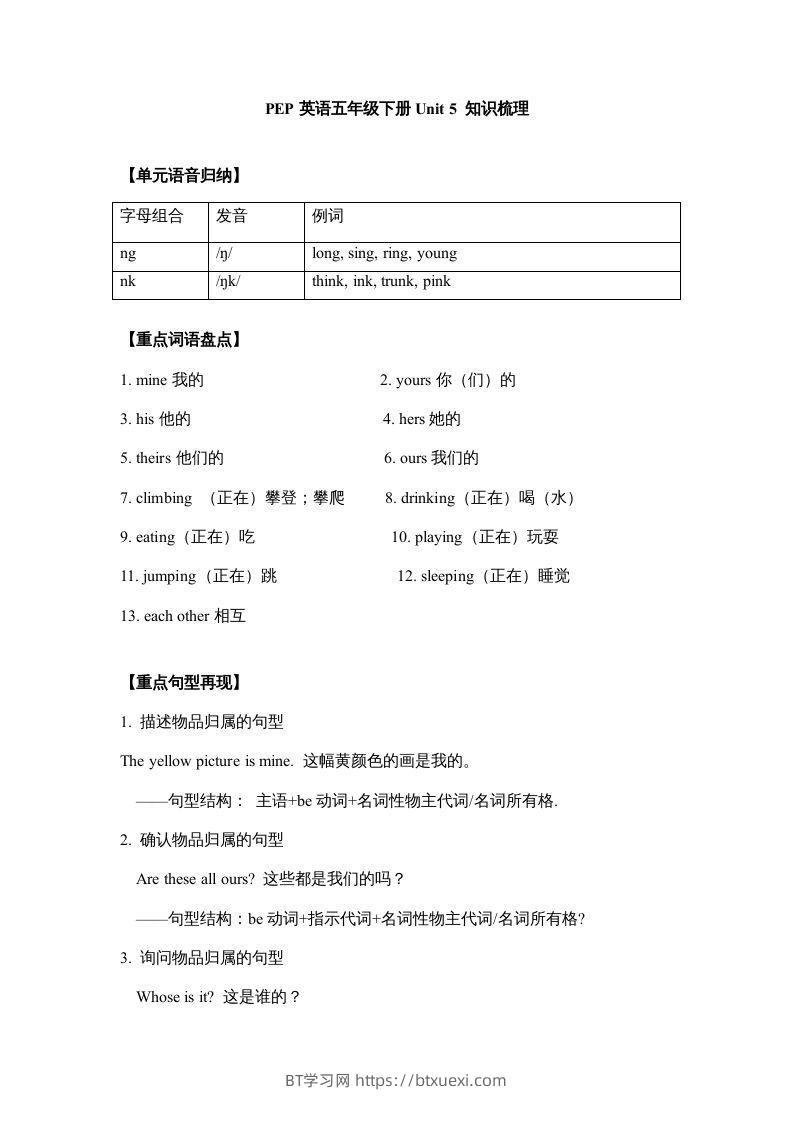 五年级英语下册【完美】单元知识梳理-Unit5Whosedogisit（人教PEP版）-BT学习网