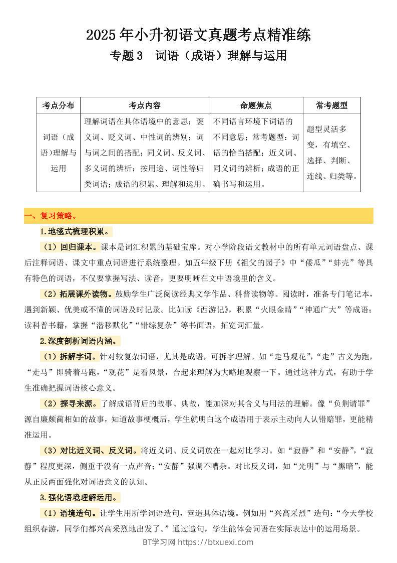 小升初语文备考真题分类汇编专题3词语（成语）理解与运用-BT学习网