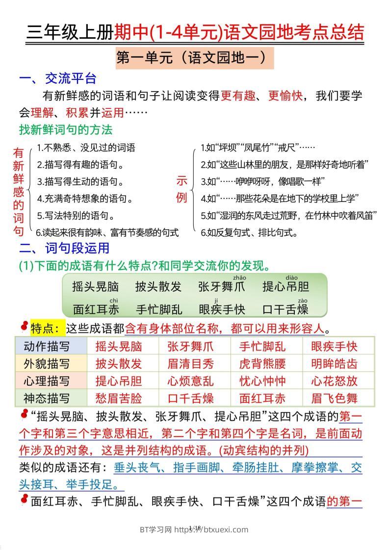 三年级上册期中(1-4单元)语文园地考点总结纯图版-BT学习网