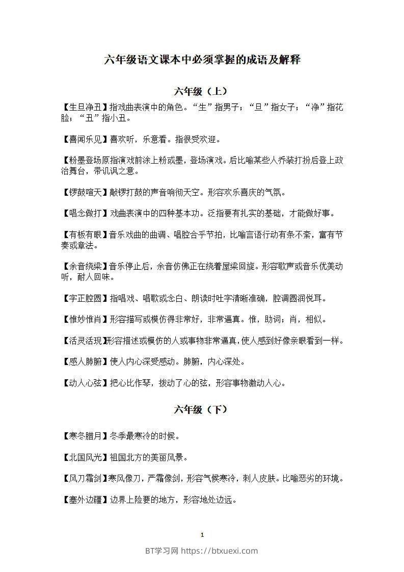 六年级上语文课本中必须掌握的成语及解释-BT学习网