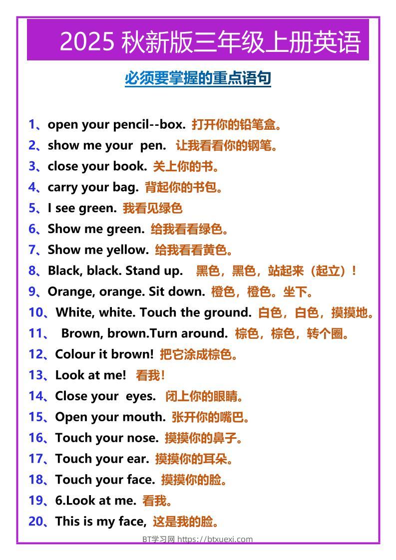 【2025秋新版】三年级上册英语必须要掌握的重点语句-BT学习网