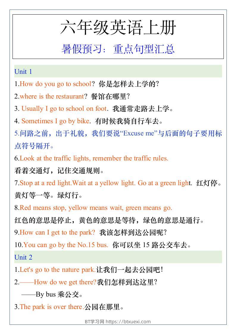 五升六年级英语上册暑假预习：重点句型汇总-六上英语-BT学习网