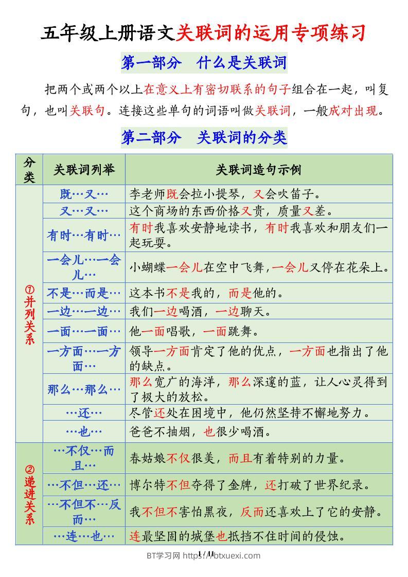 五上语文关联词语的运用专项练习（11页）-BT学习网