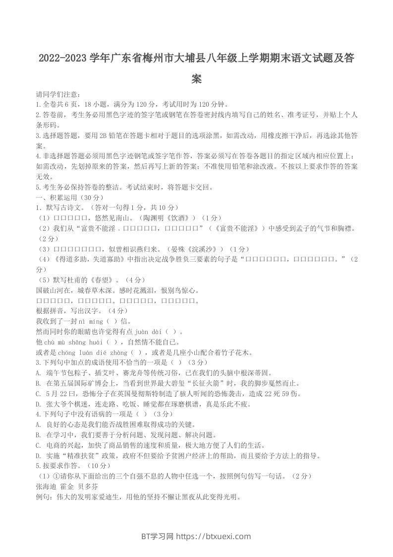 2022-2023学年广东省梅州市大埔县八年级上学期期末语文试题及答案(Word版)-BT学习网