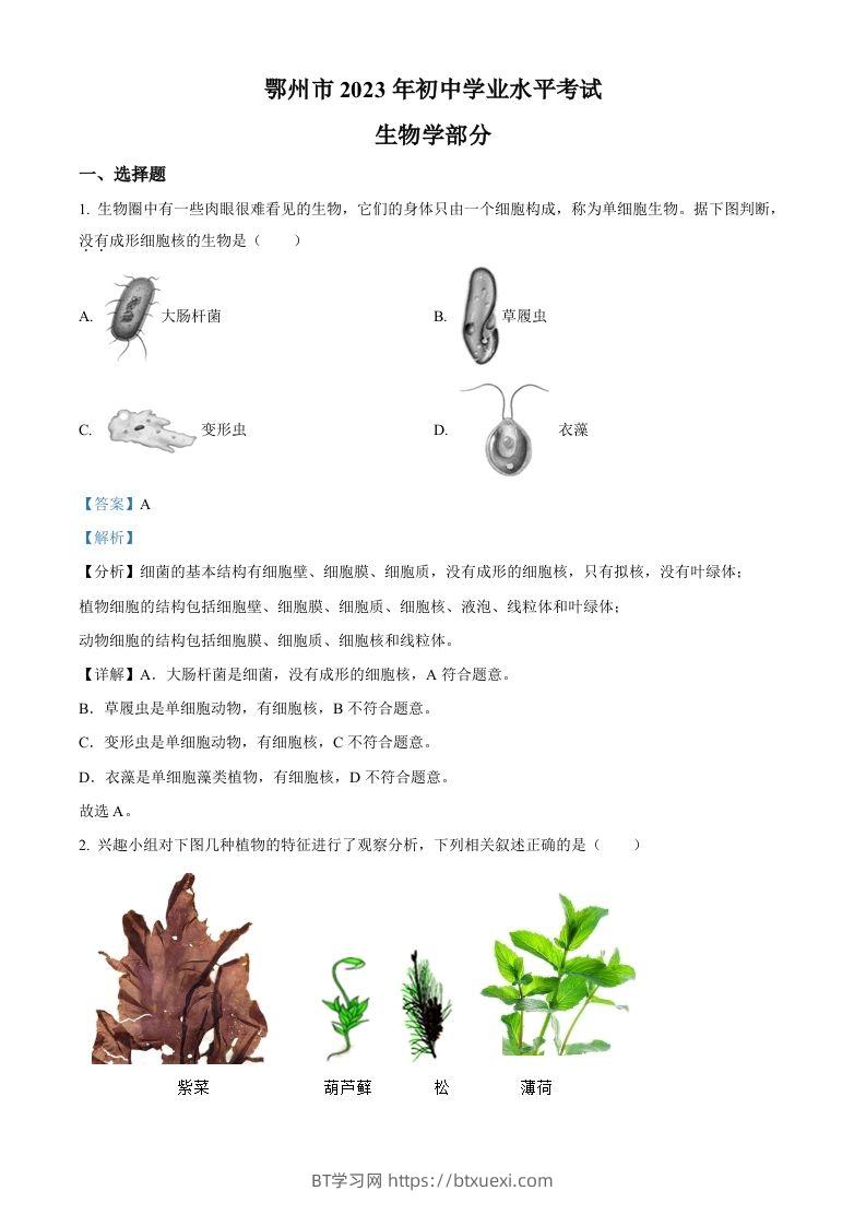 2023年湖北省鄂州市中考生物真题（含答案）-BT学习网