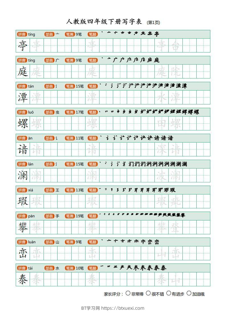 四年级语文下册写字表（20页）PDF（部编版）-BT学习网