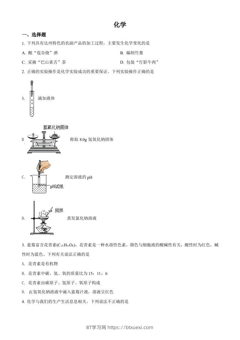 2022年四川省达州市中考化学真题（空白卷）-BT学习网
