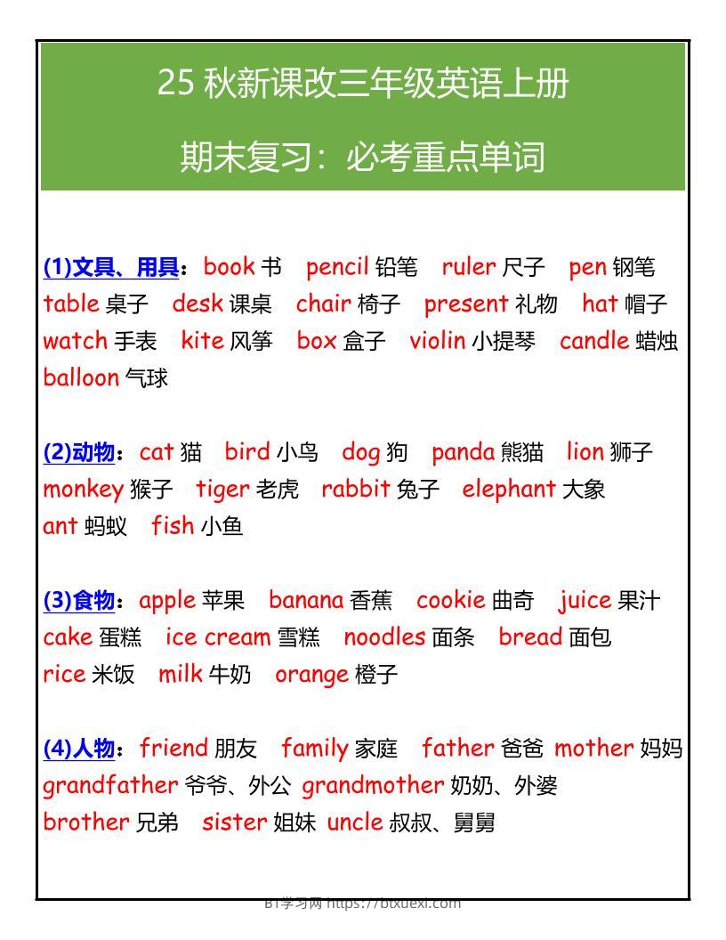 【2025秋新版】三年级英语上册期末必考重点单词汇总-BT学习网