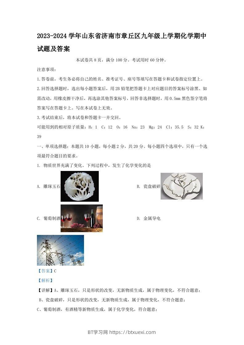 2023-2024学年山东省济南市章丘区九年级上学期化学期中试题及答案(Word版)-BT学习网