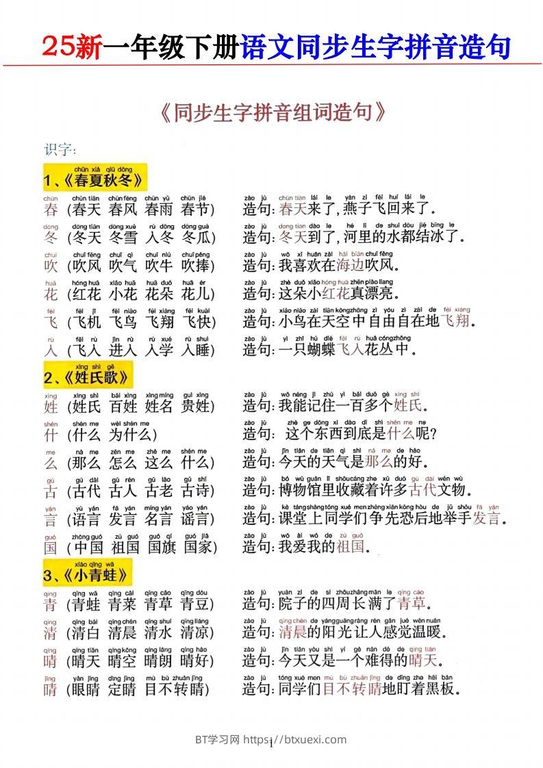 2025新一下语文同步生字拼音组词造句11页-BT学习网
