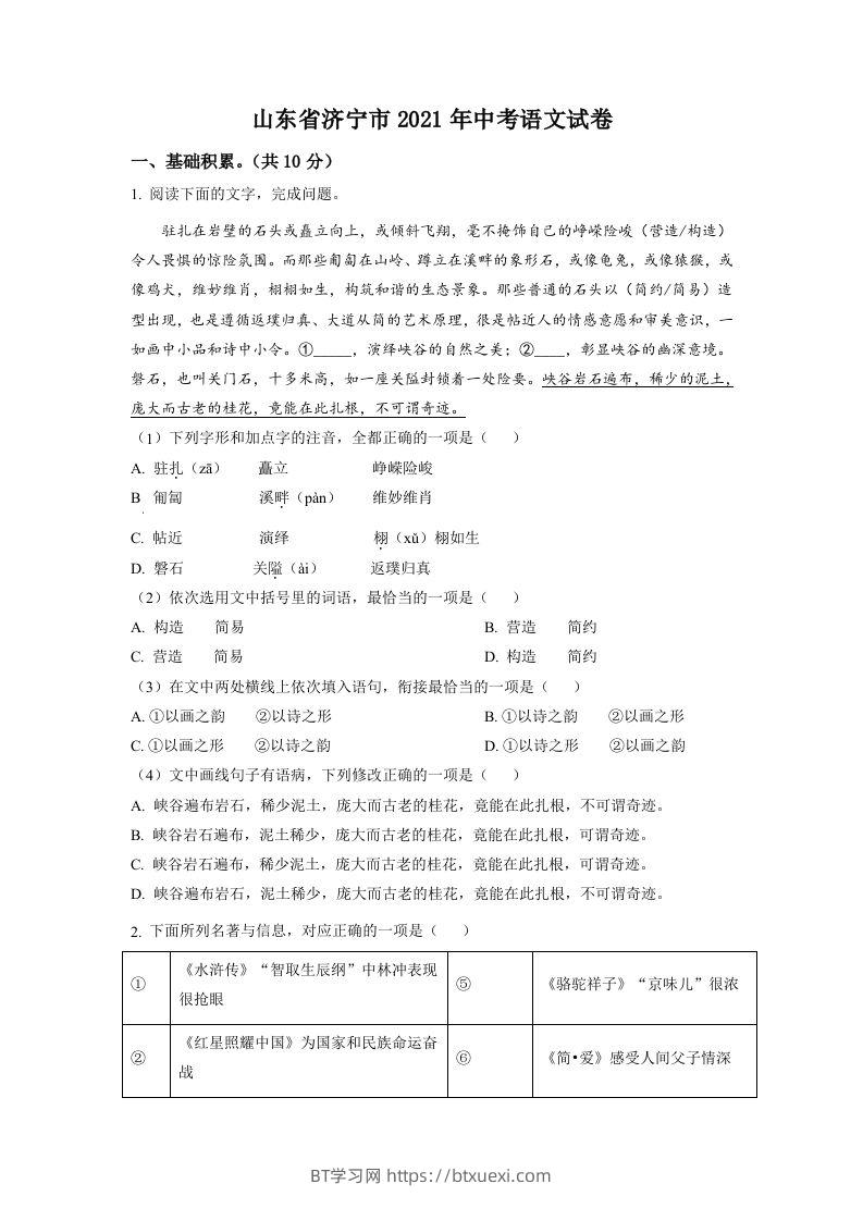 山东省济宁市2021年中考语文试题（空白卷）-BT学习网