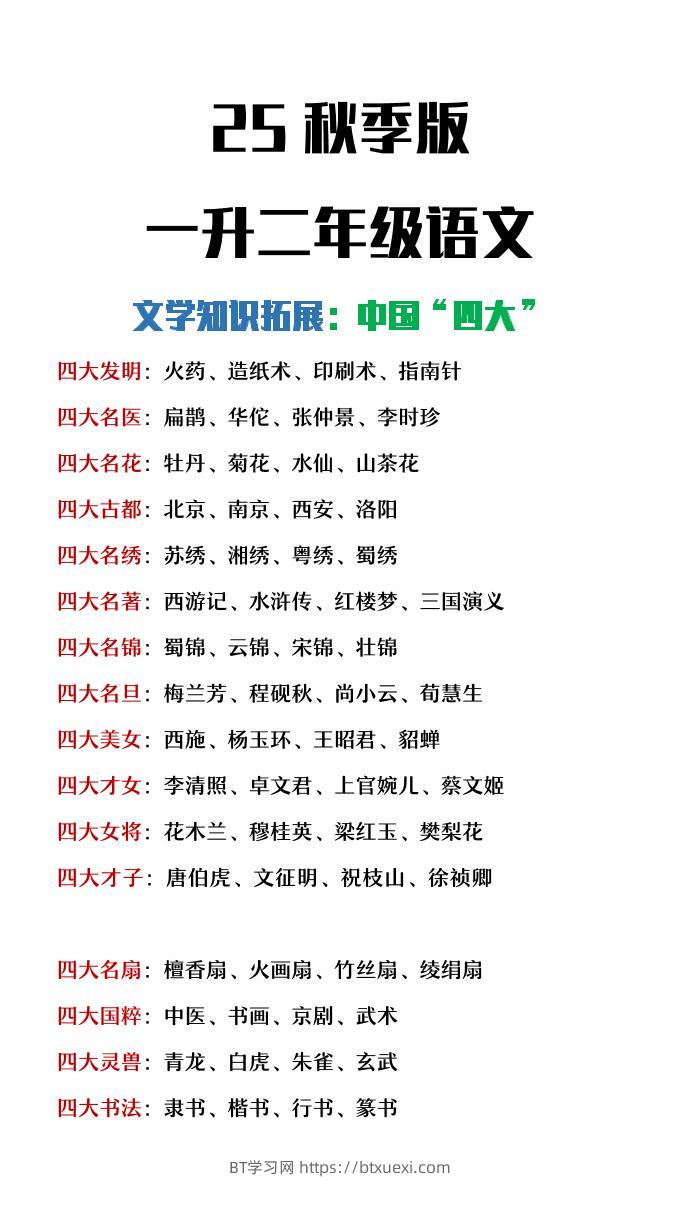 【2025秋新版】一升二年级暑假文学常识拓展《中国“四大”》-二上语文-BT学习网