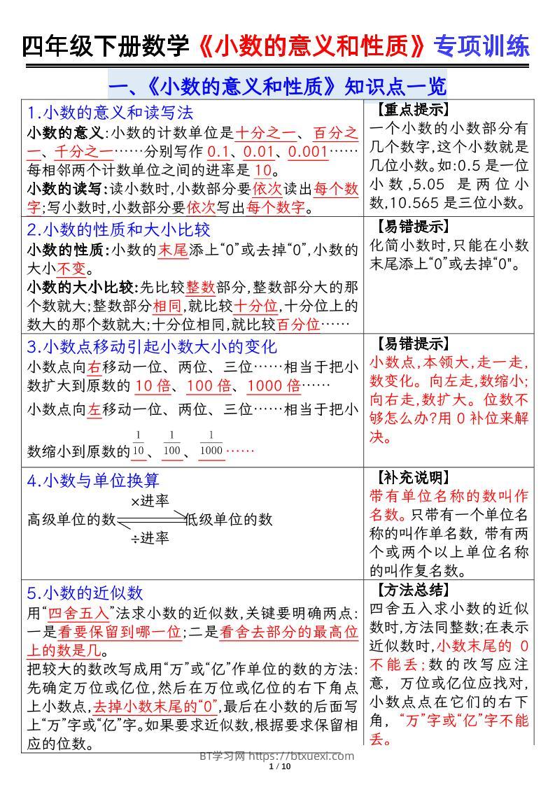 四下数学【小数的意义（答案）】-BT学习网