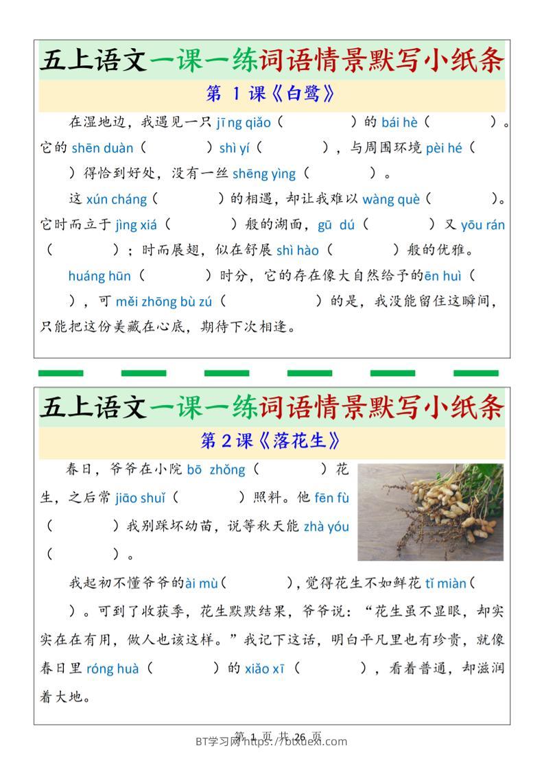 五上语文一课一练词语情景默写小纸条（含答案26页）-BT学习网