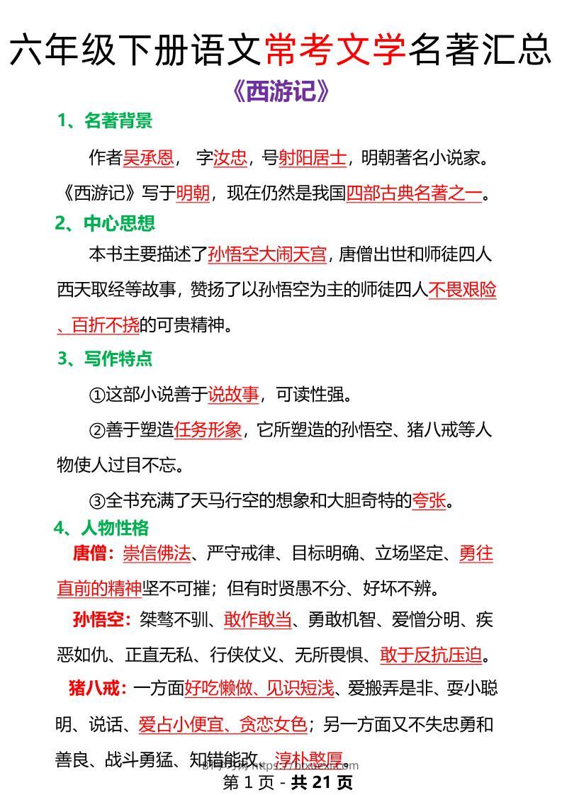 语文六年级下册常考文学名著汇总-BT学习网