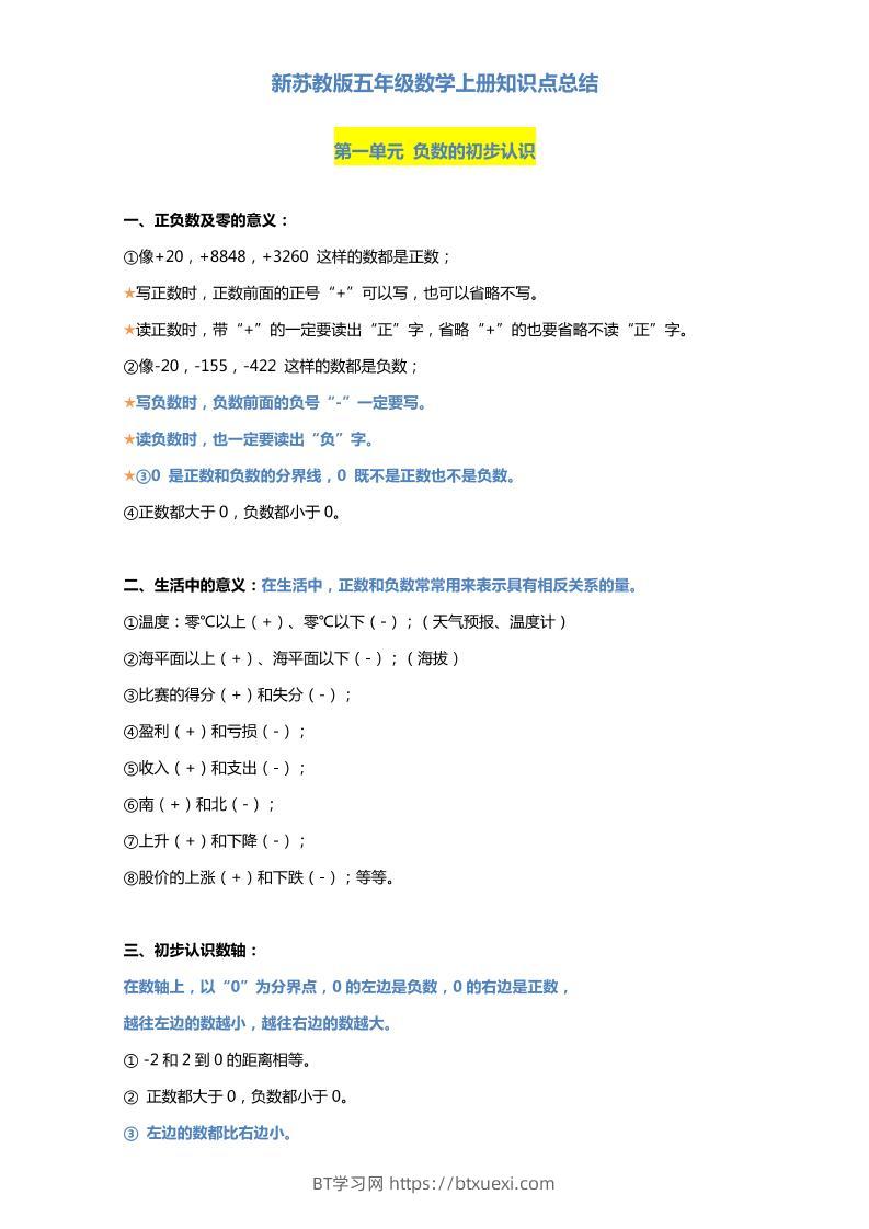 五上苏教版数学知识点汇总预习-BT学习网