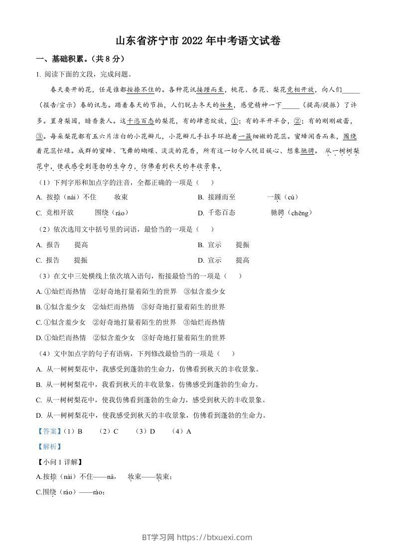 2022年山东省济宁市中考语文真题（含答案）-BT学习网