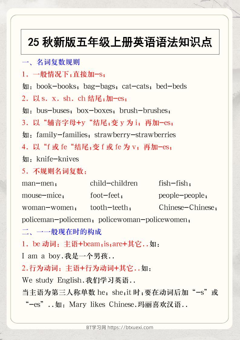 【2025秋新版】五年级上册英语语法知识点-BT学习网