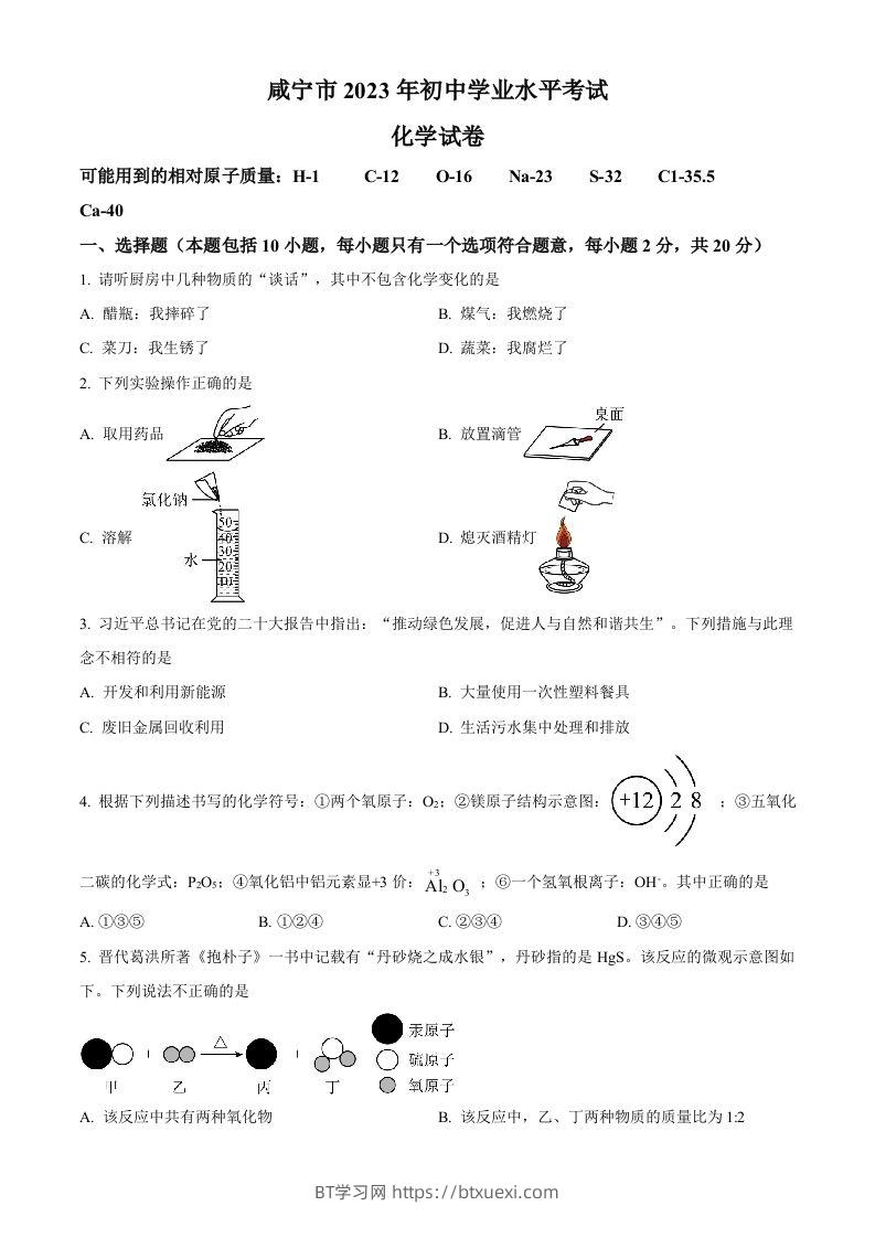 2023年湖北省咸宁市中考化学真题（空白卷）-BT学习网