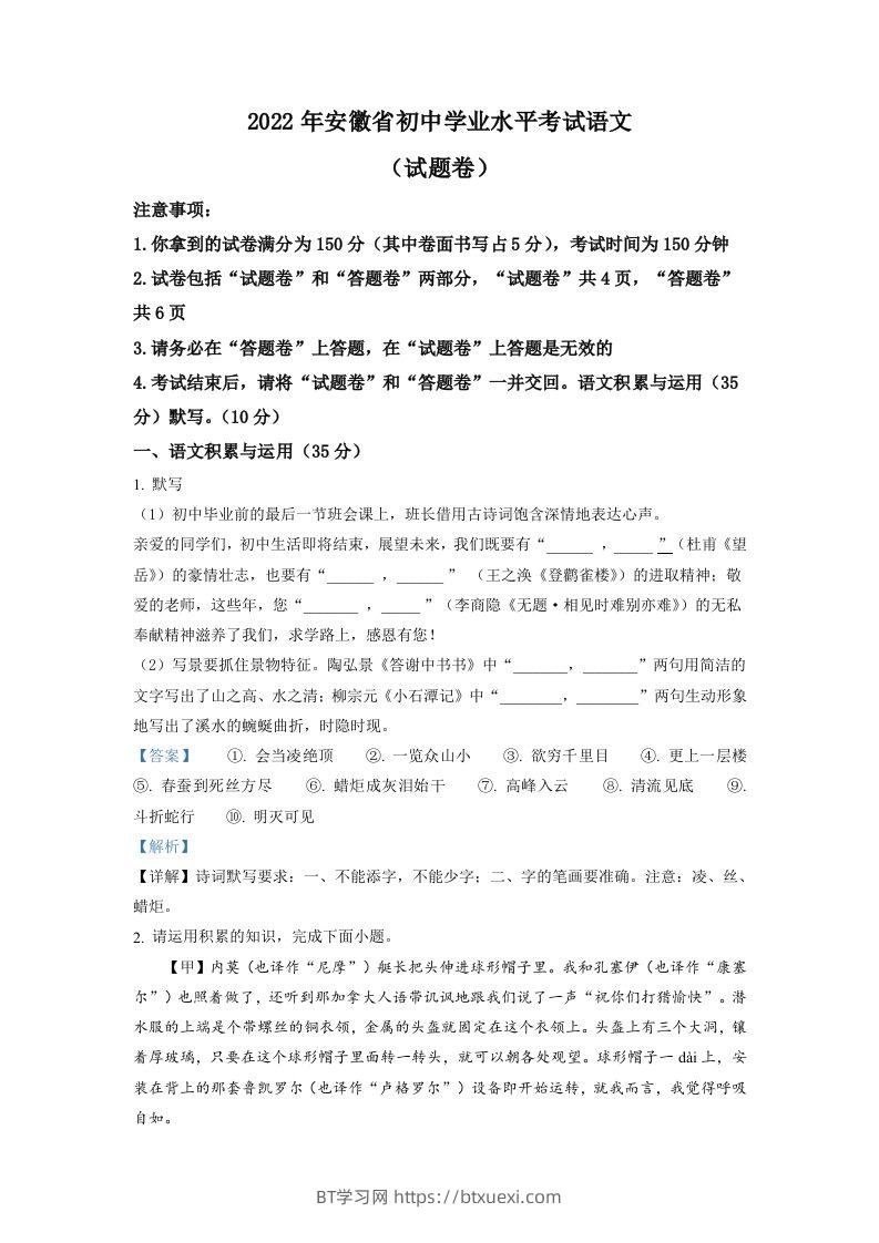 2022年安徽省中考语文真题（含答案）-BT学习网