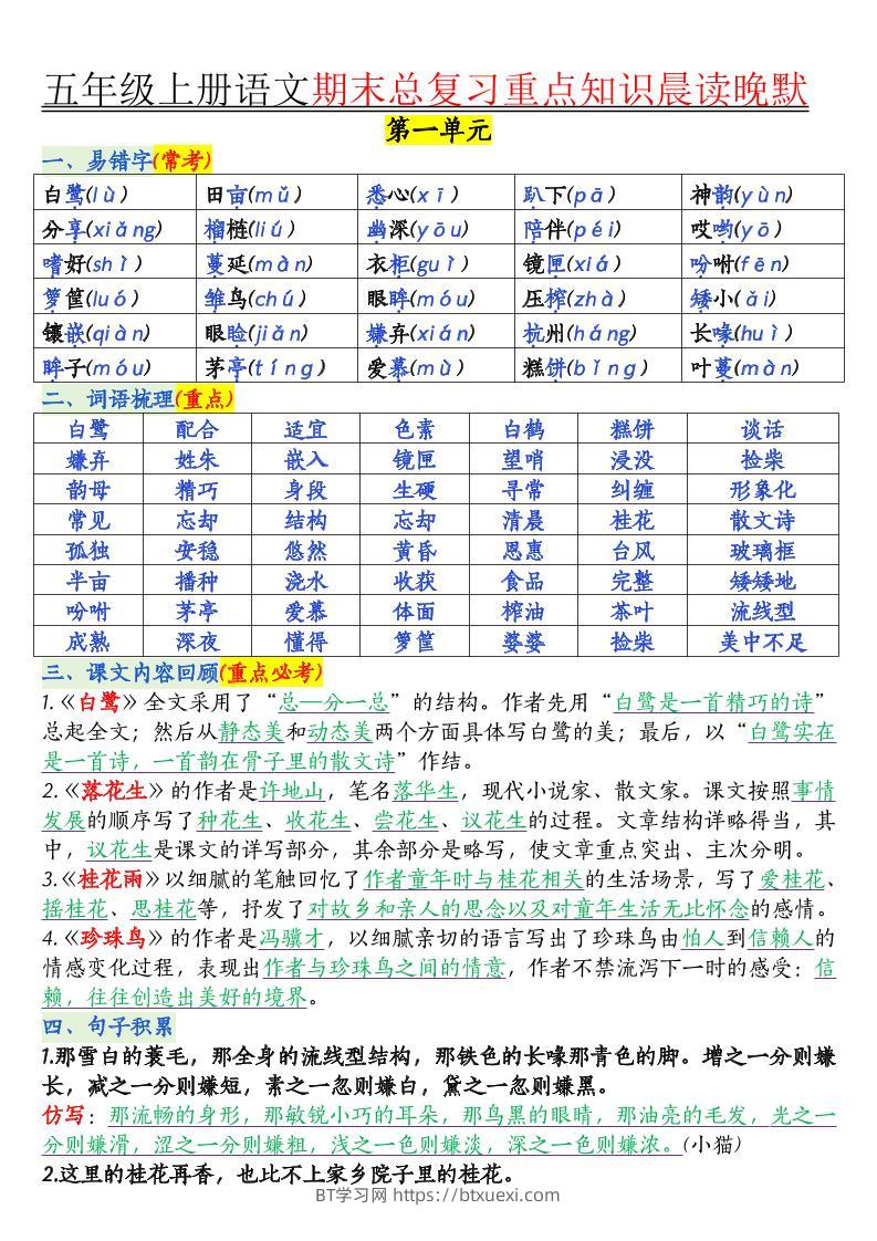五年级上册语文1-8单元知识点汇总16页-BT学习网