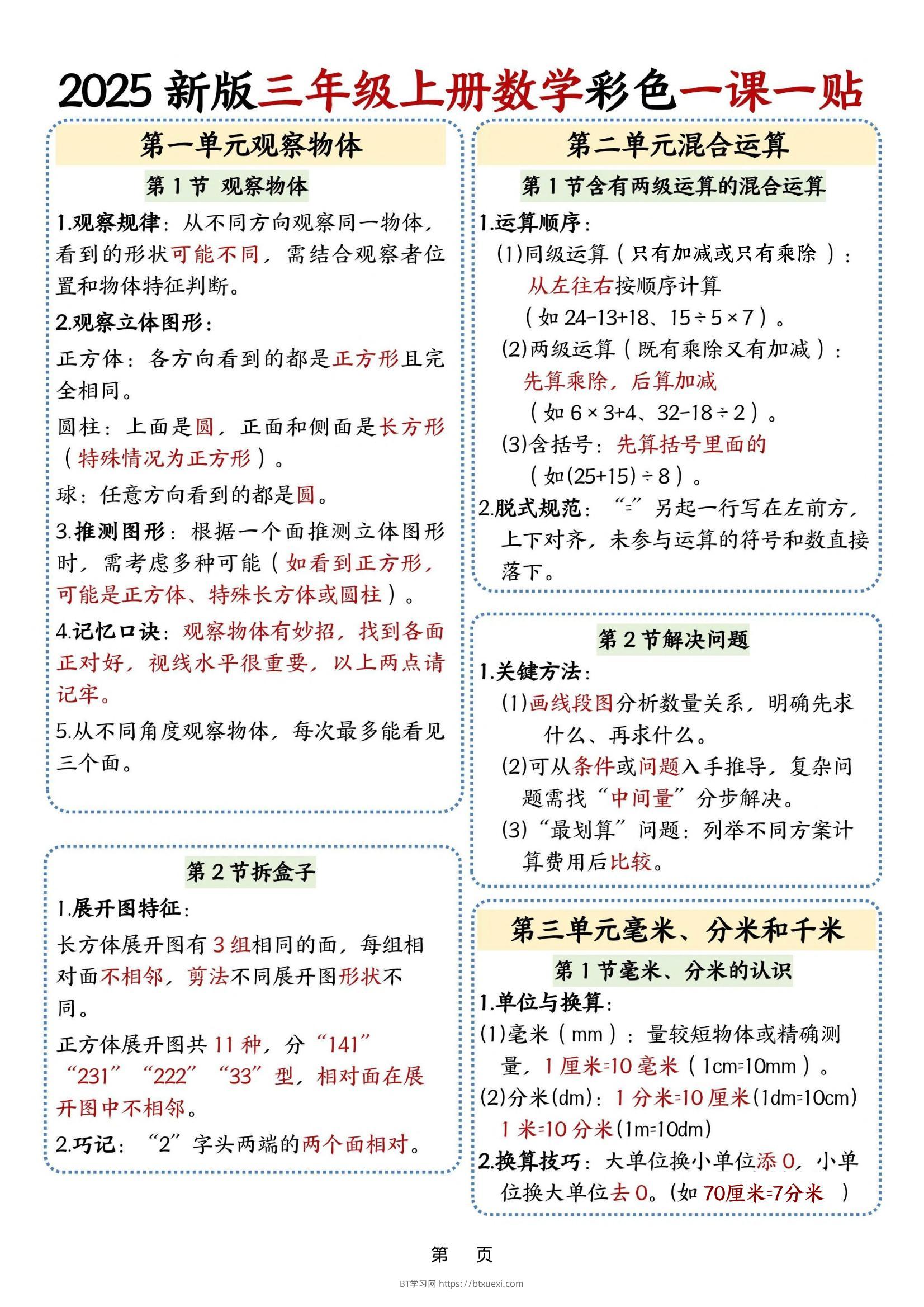 25新版三上数学课课贴-BT学习网