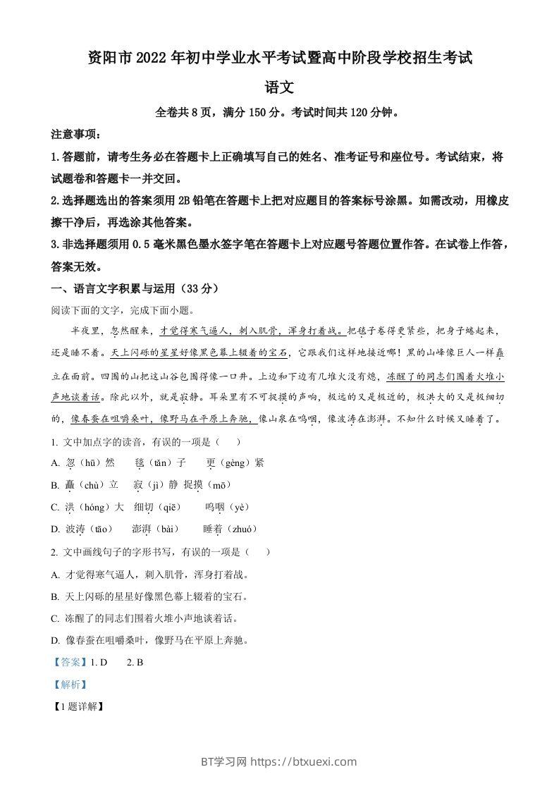 2022年四川省资阳市中考语文试题（含答案）-BT学习网