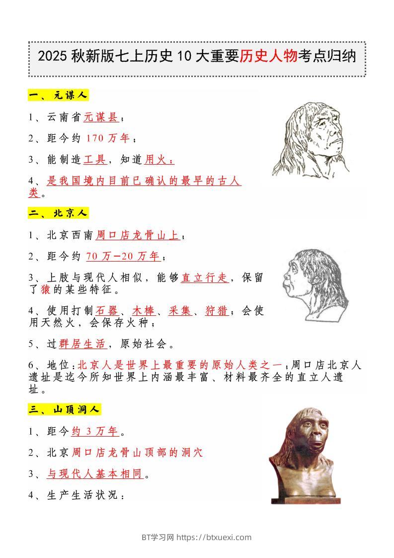 【2025秋新版】七上历史10大重要历史人物考点归纳-BT学习网