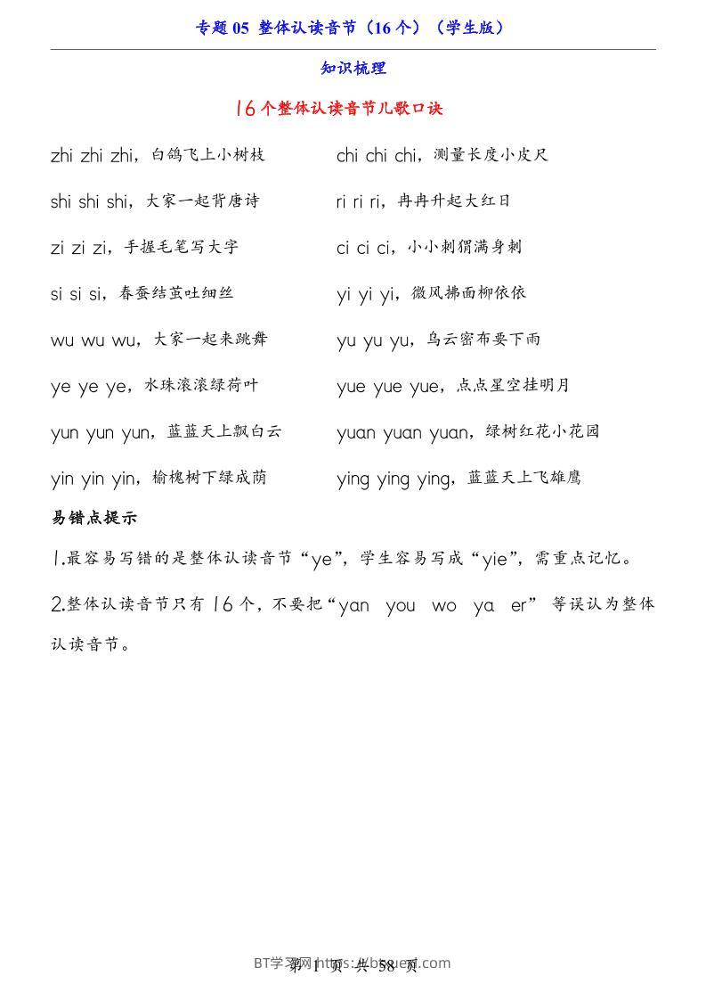 一上语文-专题05整体认读音节（16个）（知识+训练）-BT学习网