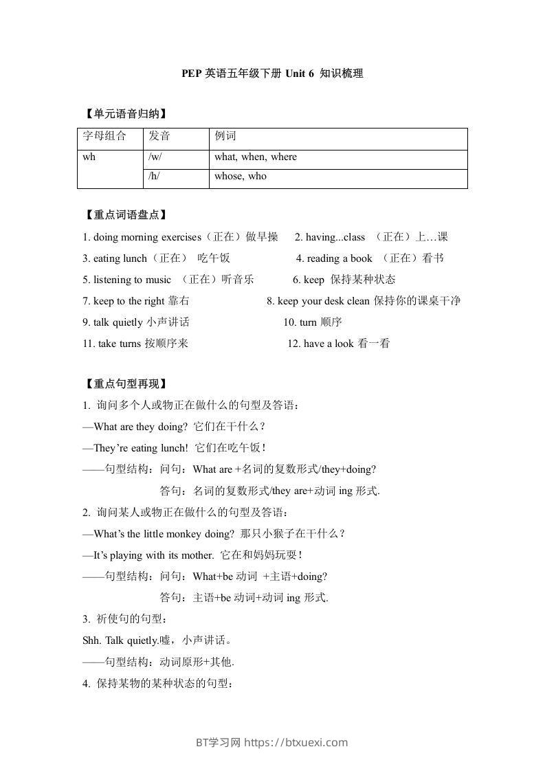 五年级英语下册单元知识梳理-Unit6Workquietly（人教PEP版）-BT学习网
