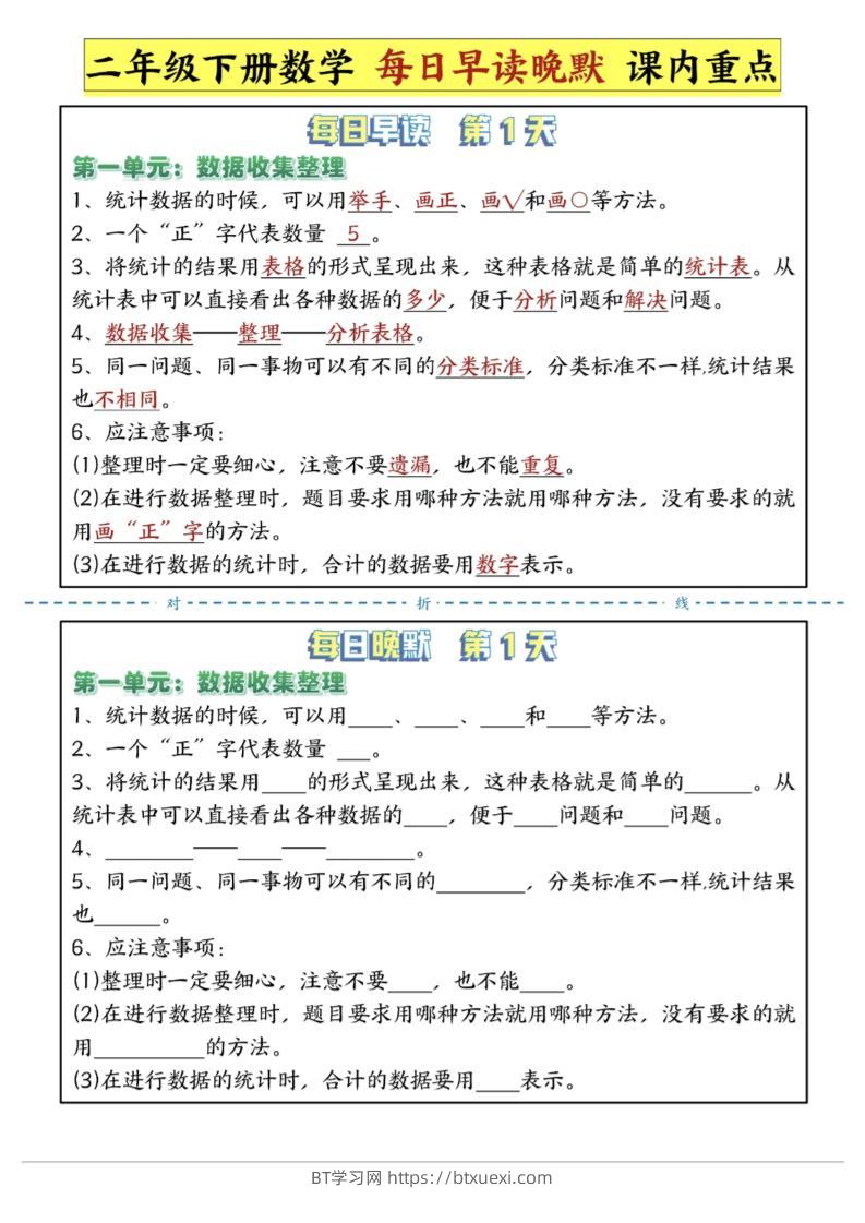 二年级下数学重点每日早读晚默（14页）-高清无水印完整版本-BT学习网