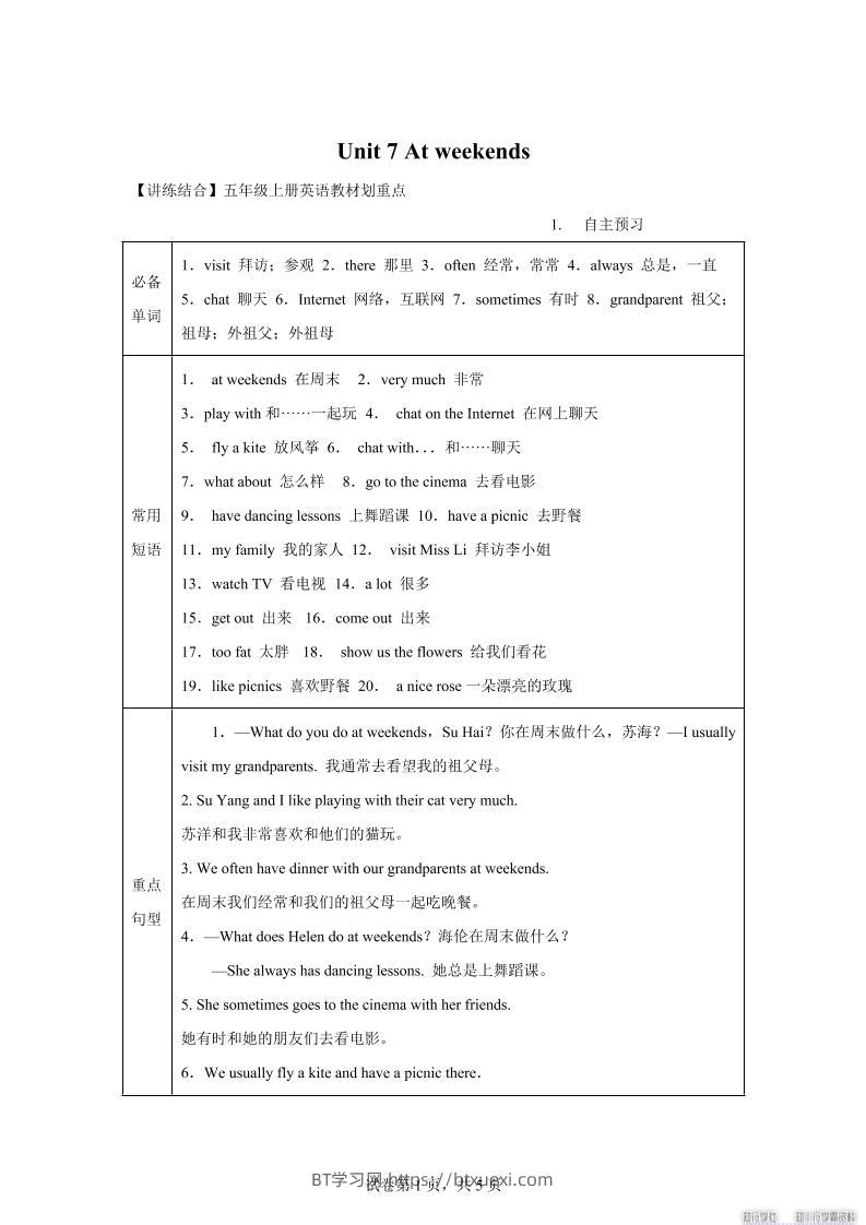 【单元热点难点】译林版（三起）英语五年级上册Unit7Atweekends教材划重点-BT学习网