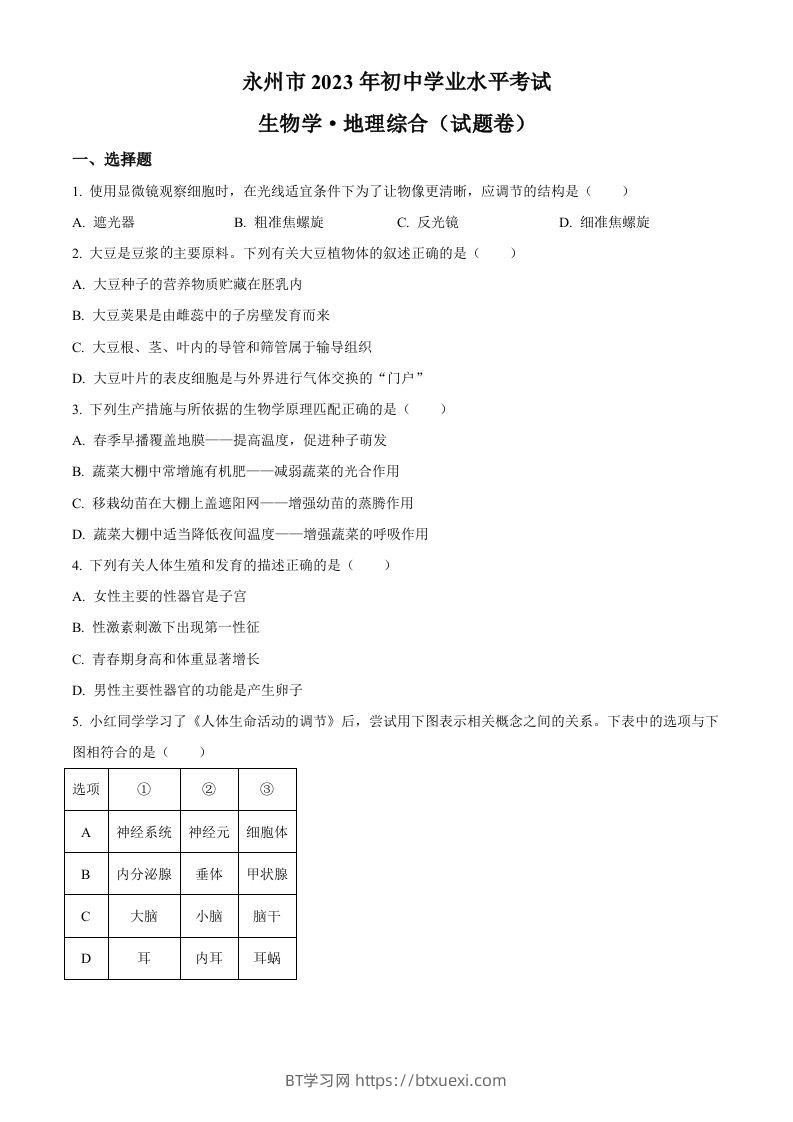 2023年湖南省永州市中考生物真题（空白卷）-BT学习网