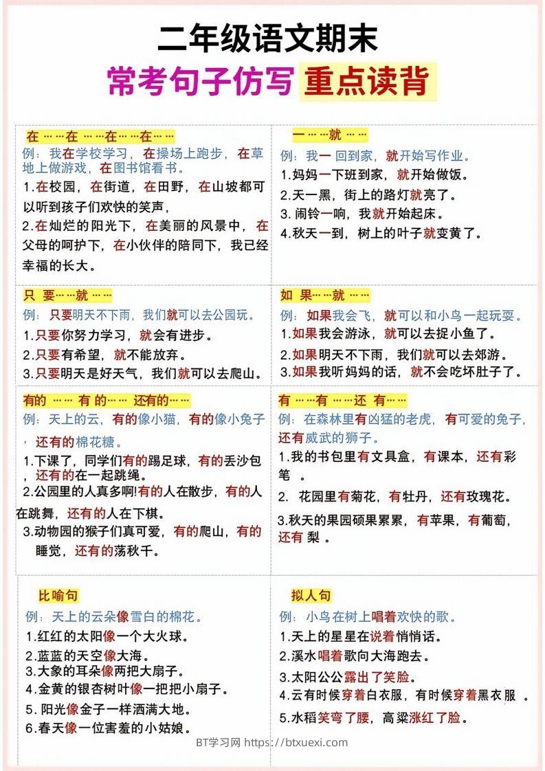 二年级上册语文期末句子仿写-BT学习网