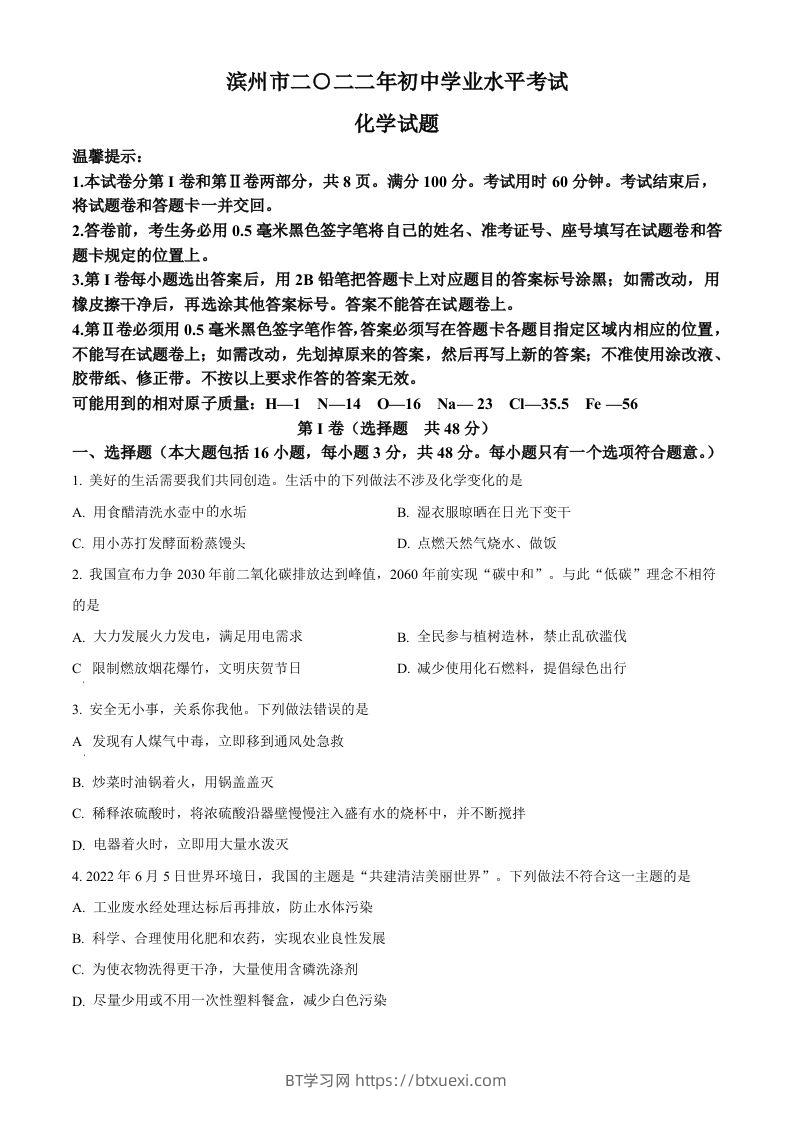 2022年山东省滨州市中考化学真题（空白卷）-BT学习网