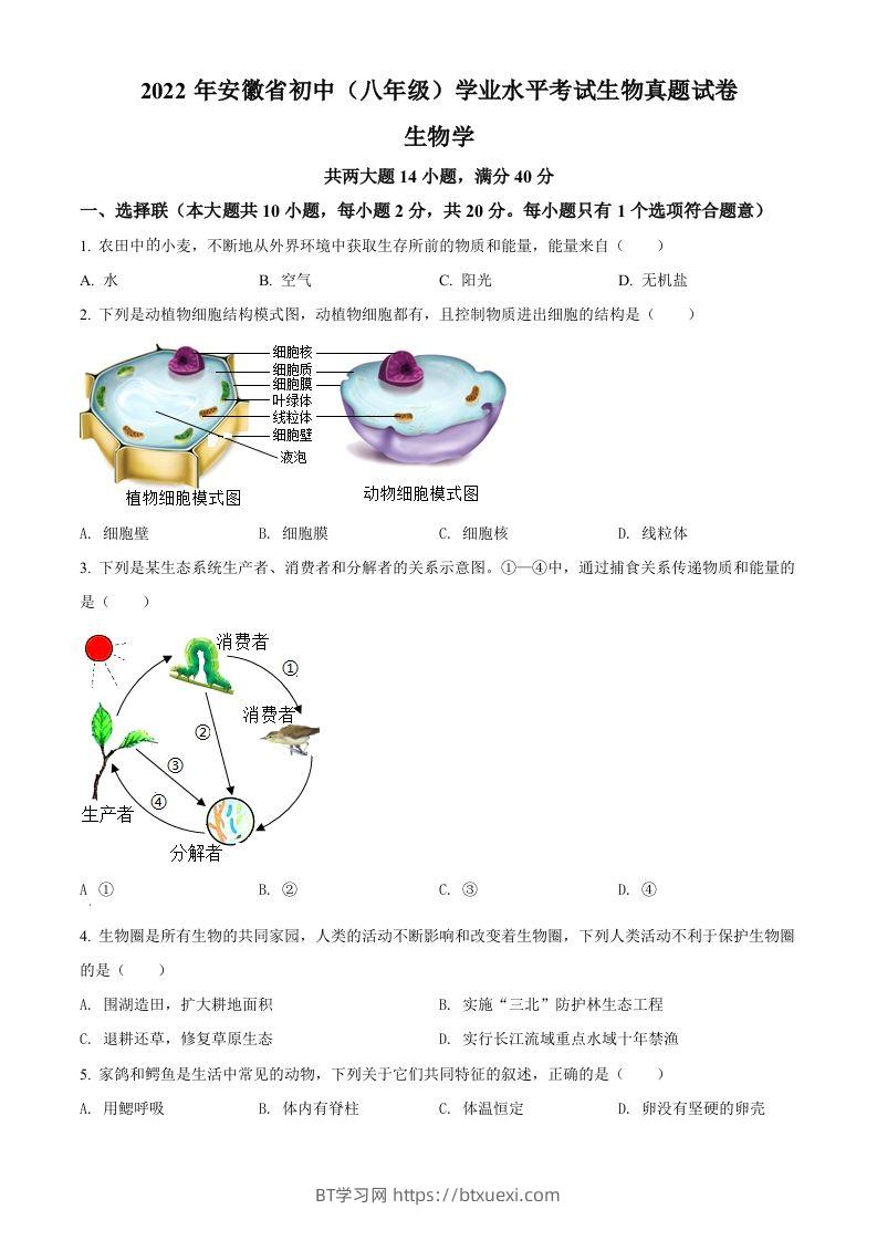 2022年安徽省中考生物真题（空白卷）-BT学习网