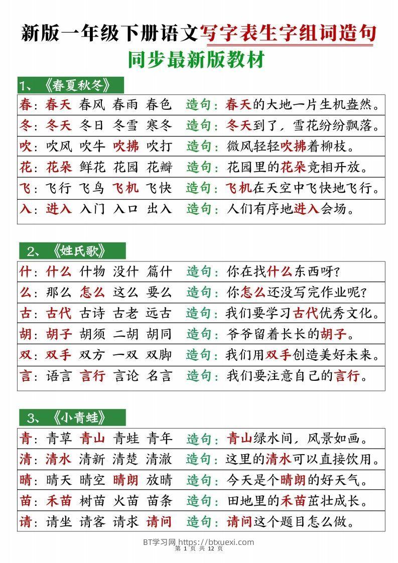 2472【25春新一下语文写字表生字组词造句12页-BT学习网