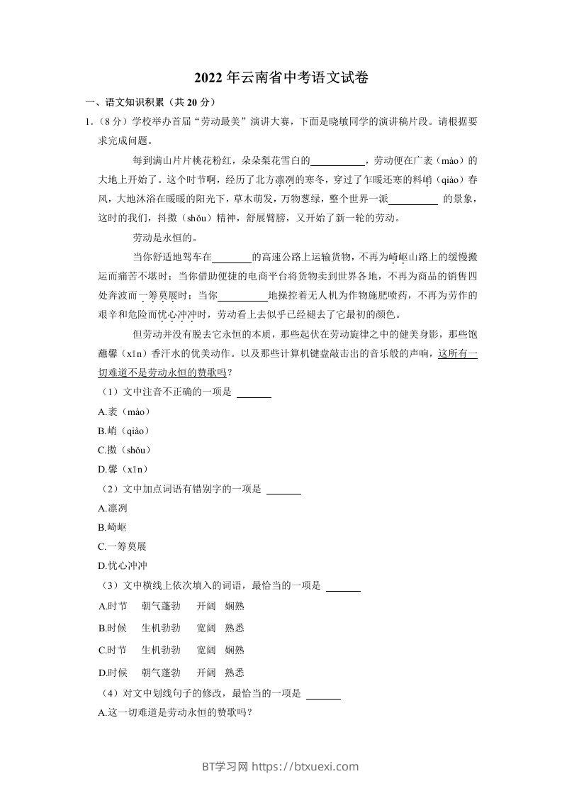 2022年云南省中考语文试卷-BT学习网