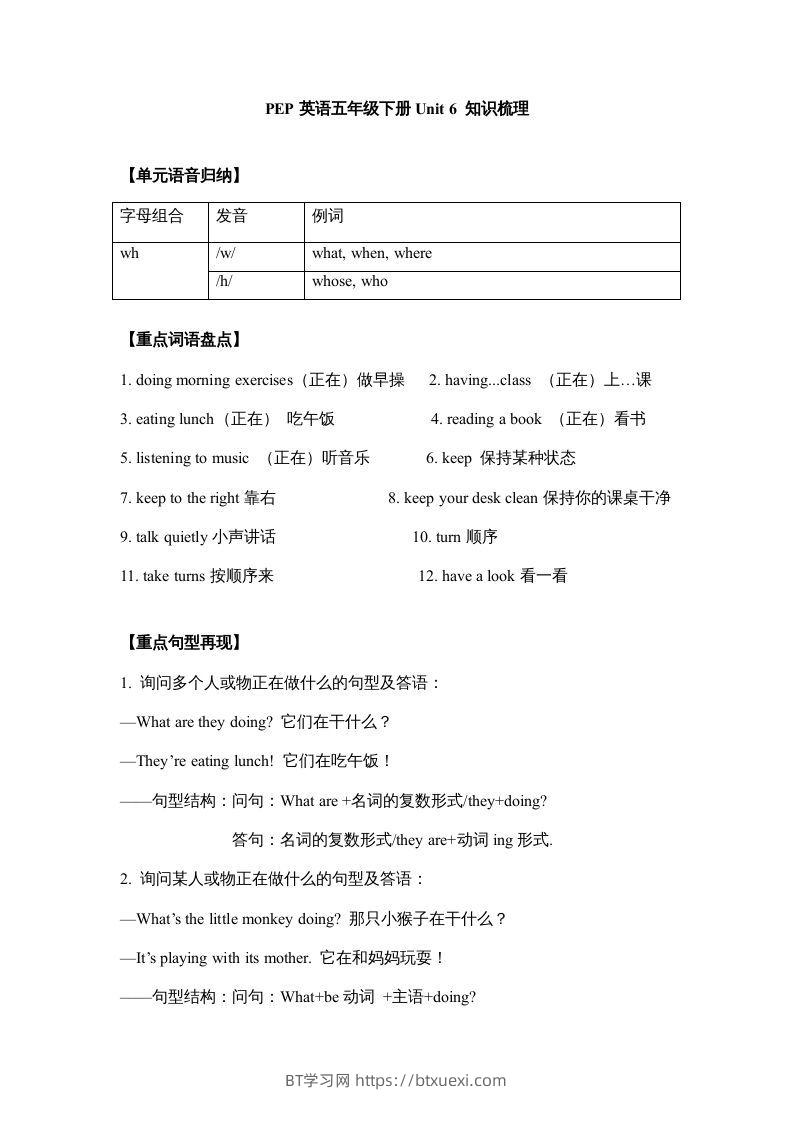 五年级英语下册【完美】单元知识梳理-Unit6Workquietly（人教PEP版）-BT学习网