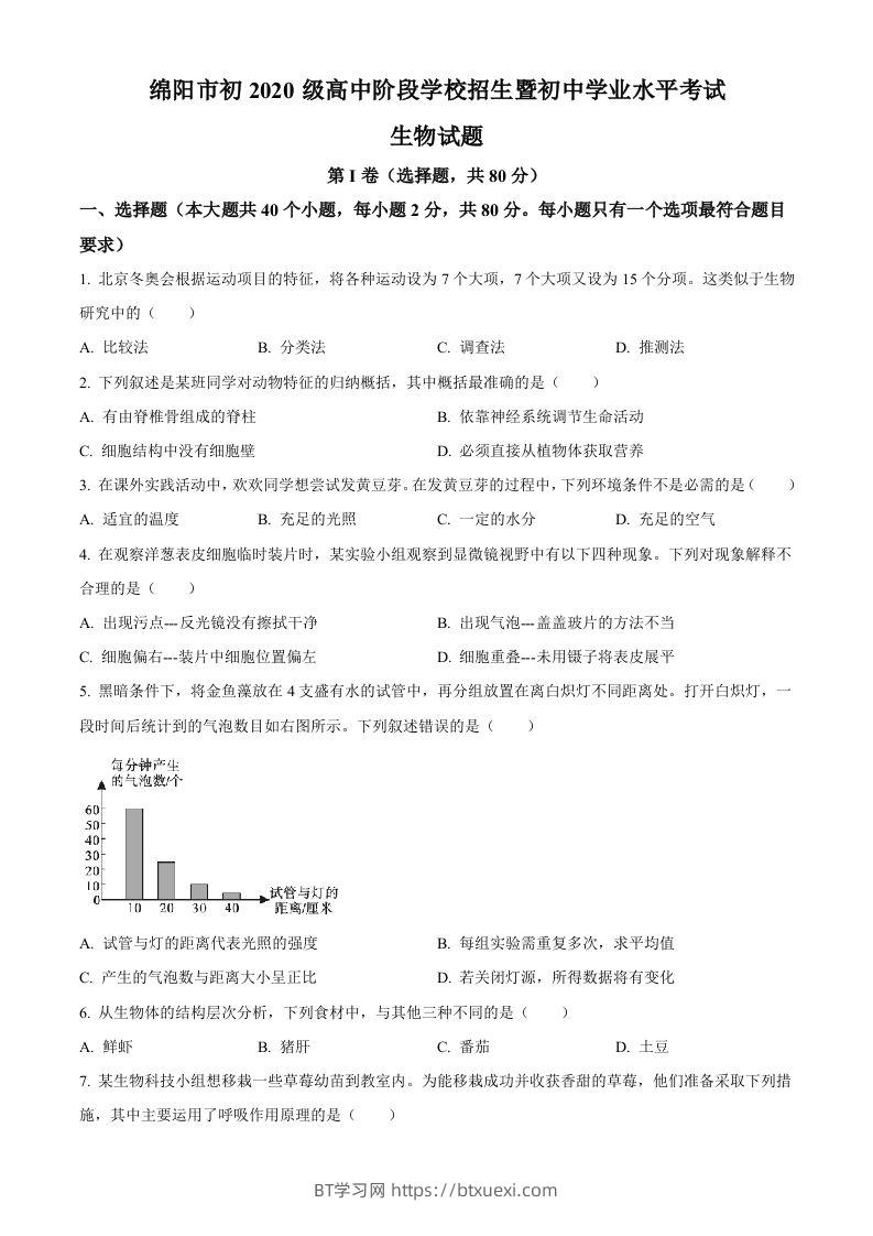 2022年四川省绵阳市中考生物真题（空白卷）-BT学习网