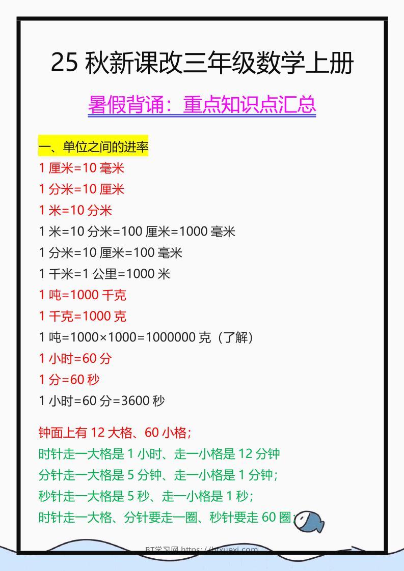 【2025秋新版】三年级数学上册重点知识点汇总-BT学习网