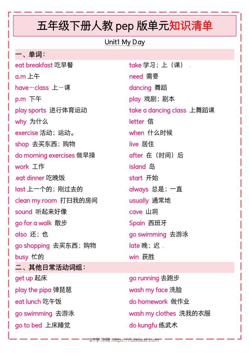 五下英语人教pep版单元知识清单-BT学习网