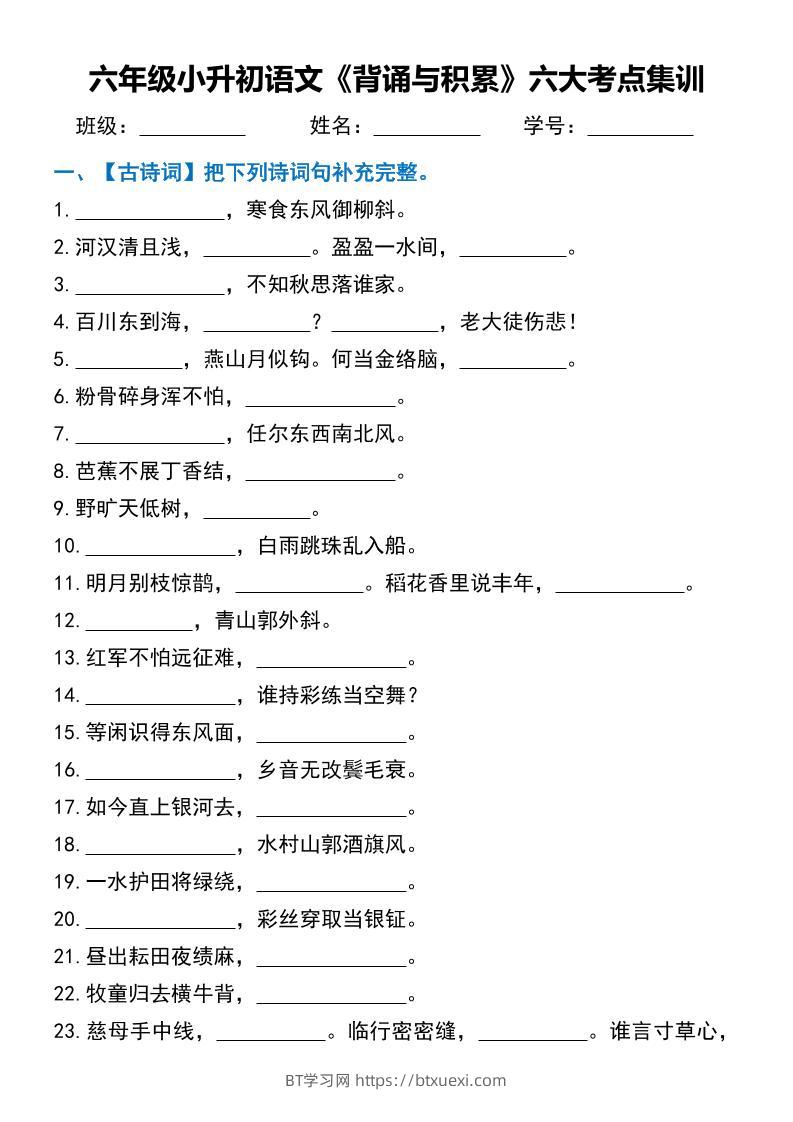 六年级小升初语文《背诵与积累》六大考点集训-BT学习网