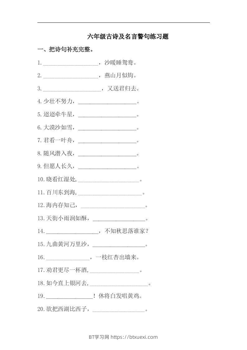 小升初语文古诗及名言警句练习题-BT学习网