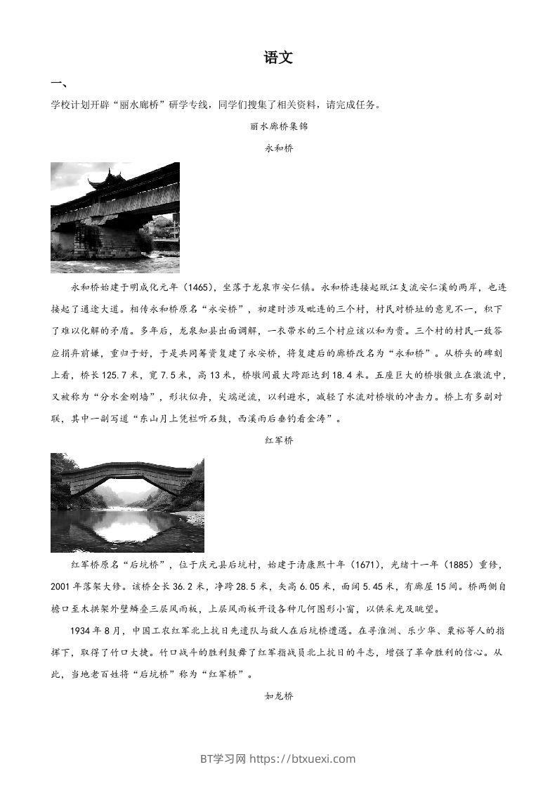 2023年浙江省丽水市中考语文真题（含答案）-BT学习网